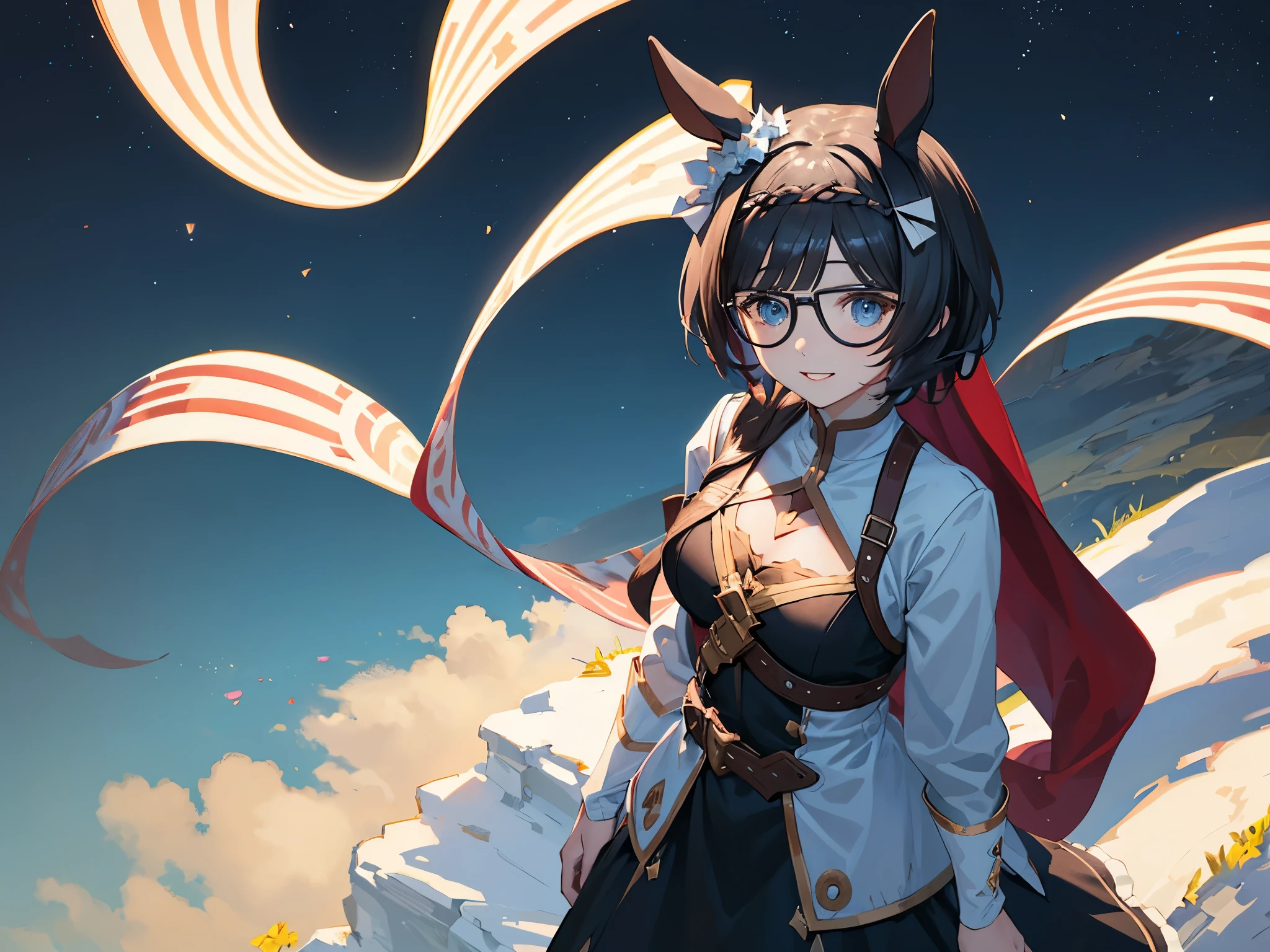 alone、alone、１alone。masterpiece, 超High resolution, Highest quality, High resolution, 8k、(Nolin:1.5)、(Flat 2-DIM1:1.5)、Shooting from above、Upper Body Shot。Girl with horse ears、beautiful girl、Wear black glasses。Big Breasts、Pale pink lips、smile。Green Outfit、Green bride costume、White veil。The body is tilted diagonally to the side、Place your hand on your chest。Wind、Starry Sky、cliff