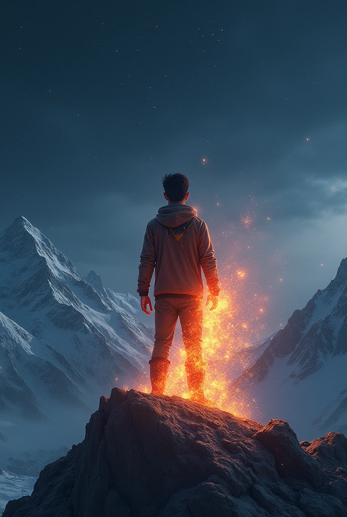 An boy with superpowers standing on mountain at night on his back named usman with fiery