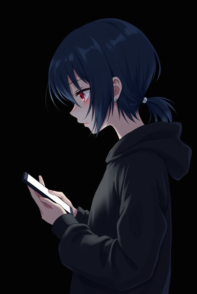 Anime girl , dark blue hair , modern day mullet hair style , black hoodie , red eyes , almond eye , using phone , blank black background , side view