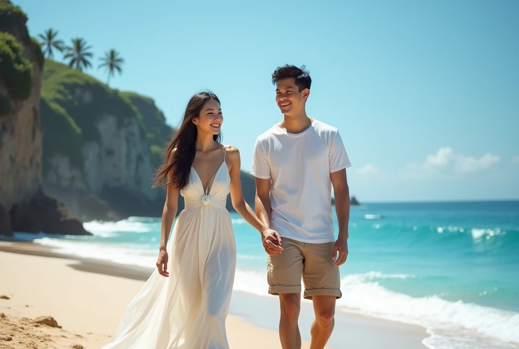 High Resolution, Masterpiece, Accurate, Best Quality, Detail, High Quality, realistic photo. A young 20 years old asian women, long dark hair, white skin, wearing a white long dress, height: 155 cm, weight: 45 kg. A 2 man, short hair, white skin, wearing a white t-shirt, height: 160 cm, weight: 55 kg. They are walking hand in hand on a sandy Bali beach. The man is wearing a white shirt and khaki shorts, while the woman has long dark hair. They are both smiling and appear to be enjoying each other's company. In the background, there is a beautiful view of the ocean and a rocky cliff. The sky is blue and the overall mood of the image is peaceful and romantic.