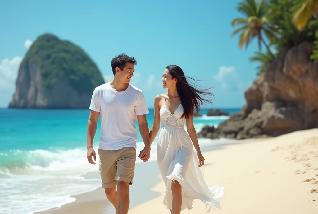 High Resolution, Masterpiece, Accurate, Best Quality, Detail, High Quality, realistic photo. A young 20 years old asian women, long dark hair, white skin, wearing a white long dress, height: 155 cm, weight: 45 kg. A 2 man, short hair, white skin, wearing a white t-shirt, height: 160 cm, weight: 55 kg. They are walking hand in hand on a sandy Bali beach. The man is wearing a white shirt and khaki shorts, while the woman has long dark hair. They are both smiling and appear to be enjoying each other's company. In the background, there is a beautiful view of the ocean and a rocky cliff. The sky is blue and the overall mood of the image is peaceful and romantic.