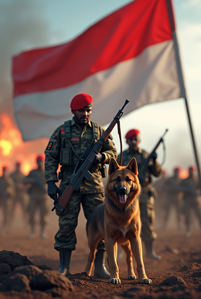 3D image of soldiers at war with an Indonesian concept, adding Indonesian elements and using a very fierce pet dog, adding a brave Indonesian flag, the soldiers used are Kopassus with red berets 