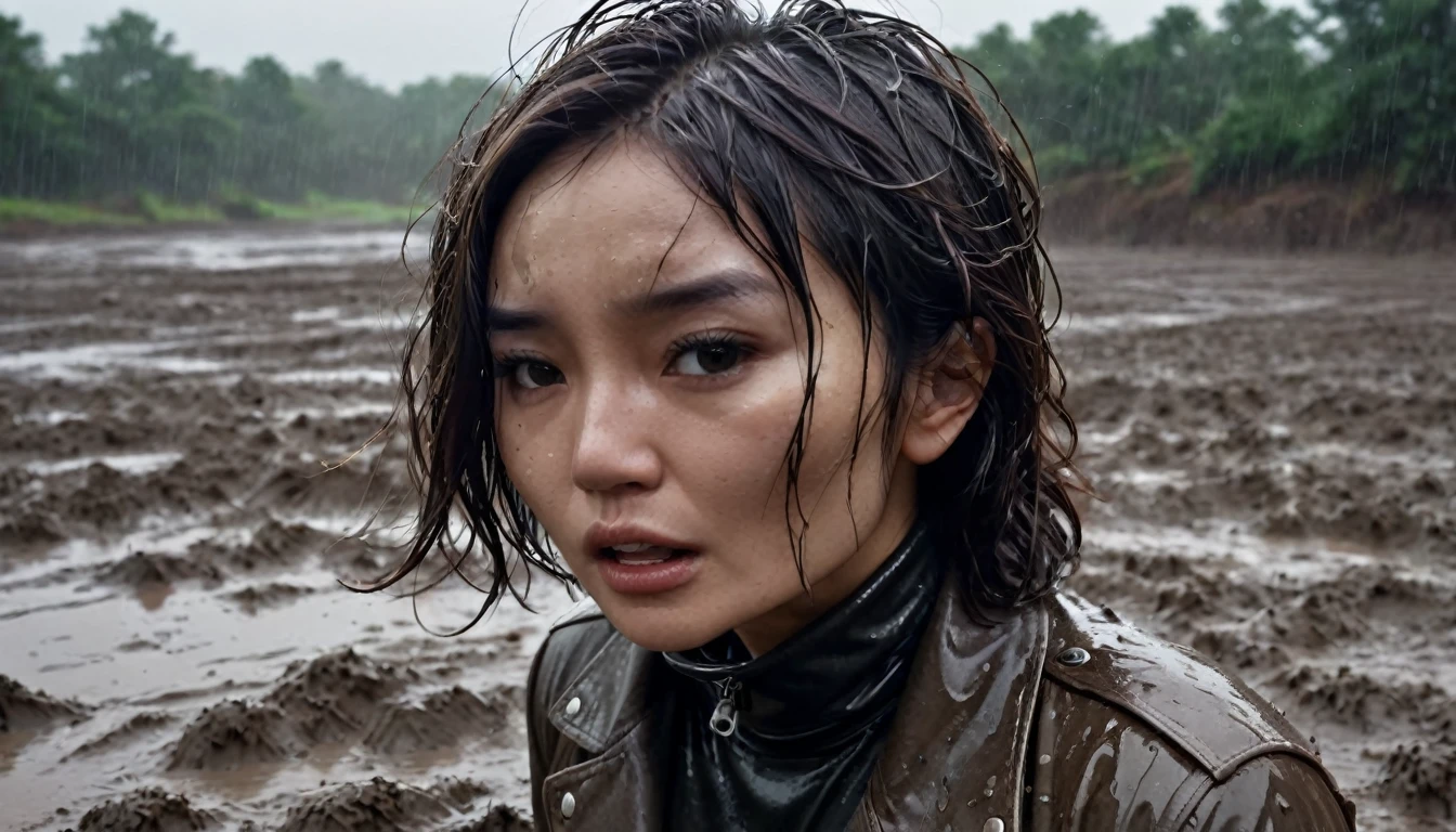 8k, ultra-detailed, documentary drama photo, grainy film photo, masterpiece,muted colors, muffled light, dusk, rainy, moody, noir, mud hole, hard breathing, gloomy orgasm expression:1.2, drowning, woman messy head, messy muddy brunette hair,asian:0.5,faded leather jacket, turtleneck