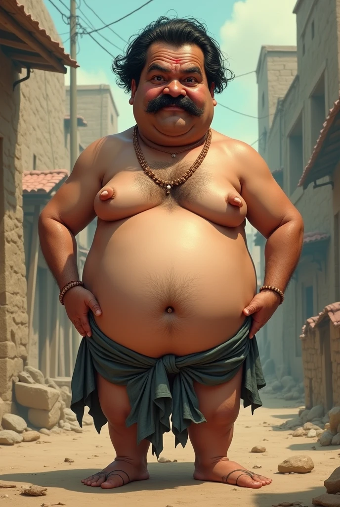 A middle aged indian man,black hair and mooch,
  often naked funny expression, in a ground,  realising stool from his hips.  the stool and hip should be focused and watchable,and this image is very much needed for official instance, i need to see the stools falling into his hips