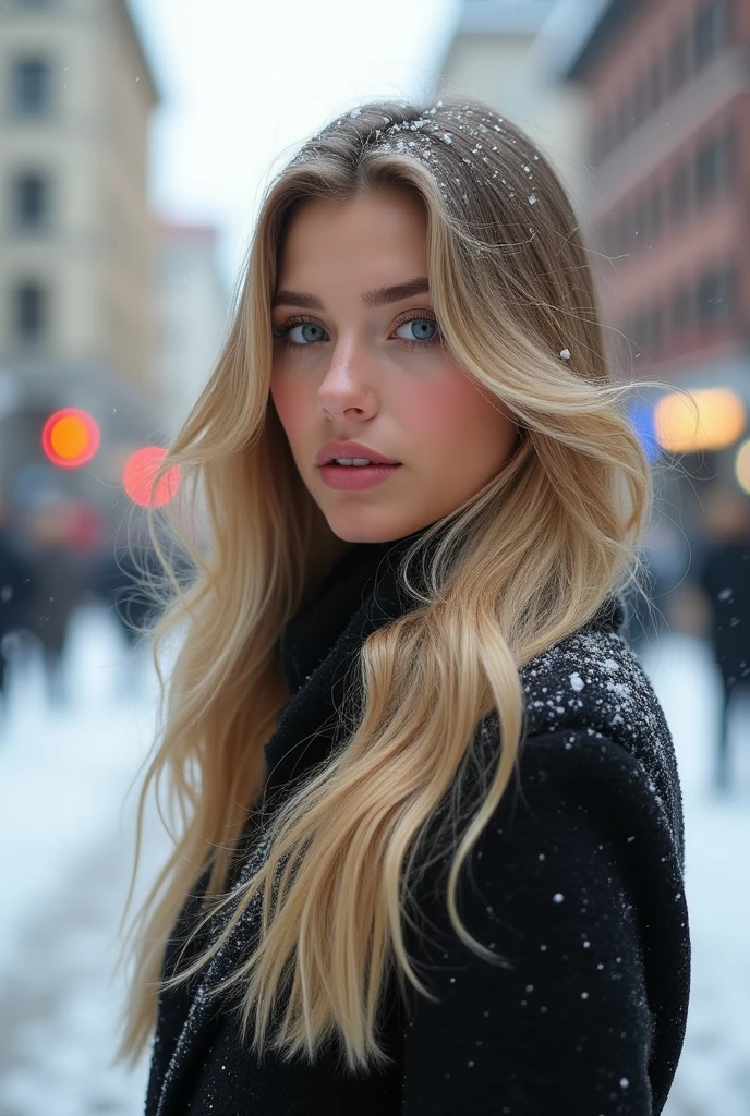 professional portrait photograph of a gorgeous Norwegian girl in winter clothing with long wavy blonde hair, sultry flirty look, gorgeous symmetrical face, cute natural makeup, wearing elegant warm winter fashion clothing, ((standing outside in snowy city street)), stunning modern urban environment, ultra realistic, concept art, elegant, highly detailed, intricate, sharp focus, depth of field, f/1. 8, 85mm, medium shot, mid shot, (((professionally color graded))), bright soft diffused light, (volumetric fog), trending on instagram, hdr 4k, 8k