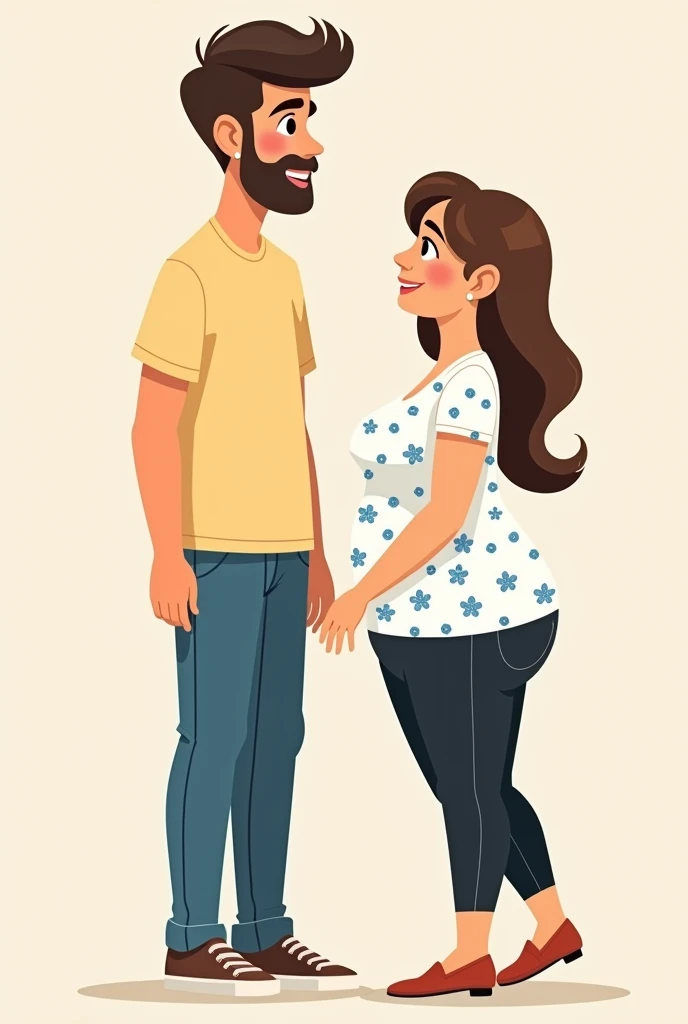 Cartoon image Standingand facing couple tall very much lean boy wearing light yellow t-shirt and blue jean, short plus size girl medium hair wearing full sleeves small blue floral print on white top and black Jean