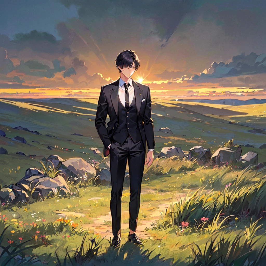 masterpiece,best quality,high quality,(1 male austere handsome solo adult age 30 years old:1.5), purple eyes, cool with suspended eyes, V-shaped eyebrows, body strong and fearless 8.5 head tall, height 185cm, (well-groomed black short hair:1.5), (bangs in three (black suit, black tie and black pants: 1.3), (standing: 1.3), (stylish pose), (cool sad expression: 1.3), (background grassland: 1.3) , (moaning sun: 1.3) , (upper body:1.3)