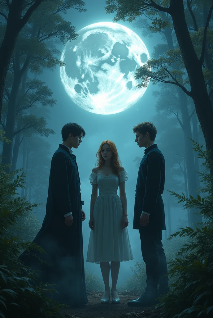 A girl between two men, One with short black hair without a beard and the other with short brown hair without a beard , big moon behind them, forest around