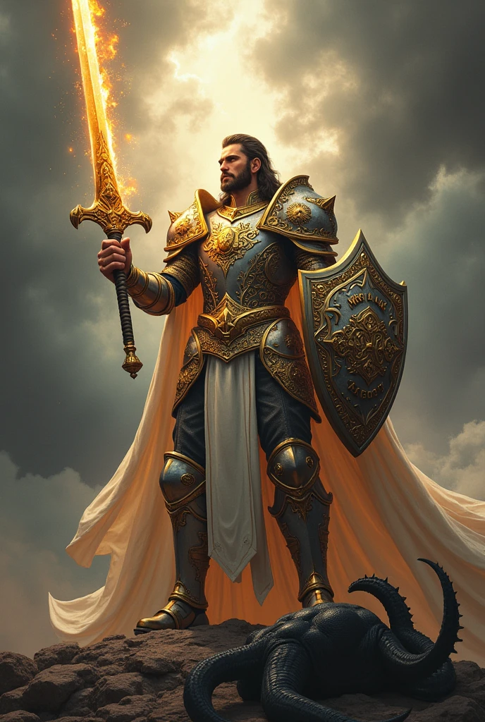A heavenly warrior, wears detailed, gleaming armor, with gold and silver ornaments, In your right hand, he holds a raised flaming sword, pronta para o combate, while the left hand carries a shield decorated with the inscription "Who is like God??" (who is like GOD?). In the background a stormy and dramatic sky, On your feet, a defeated demon is shown fallen and subdued, symbolizing Saint Michael's victory over the forces of darkness. The image is rich in details, with celestial lighting that highlights her figure and creates a powerful contrast with the dark surroundings.