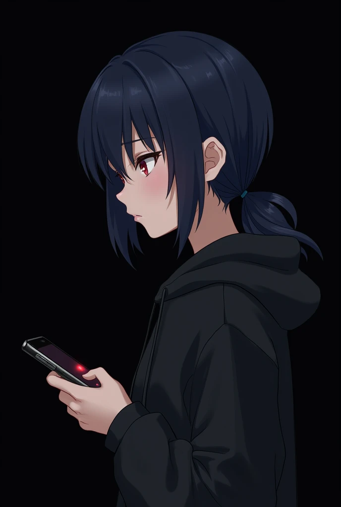 Anime girl , dark blue hair , modern day mullet hair style , black hoodie , red eyes , almond eye , using phone , blank black background , side view
