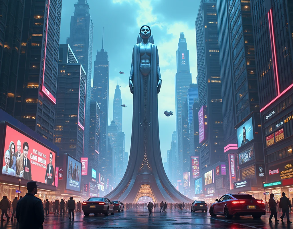 Create an illustration of a bustling modern futuristic city with a monument of President López Obrador in the center. big tall buildings in the cyber future