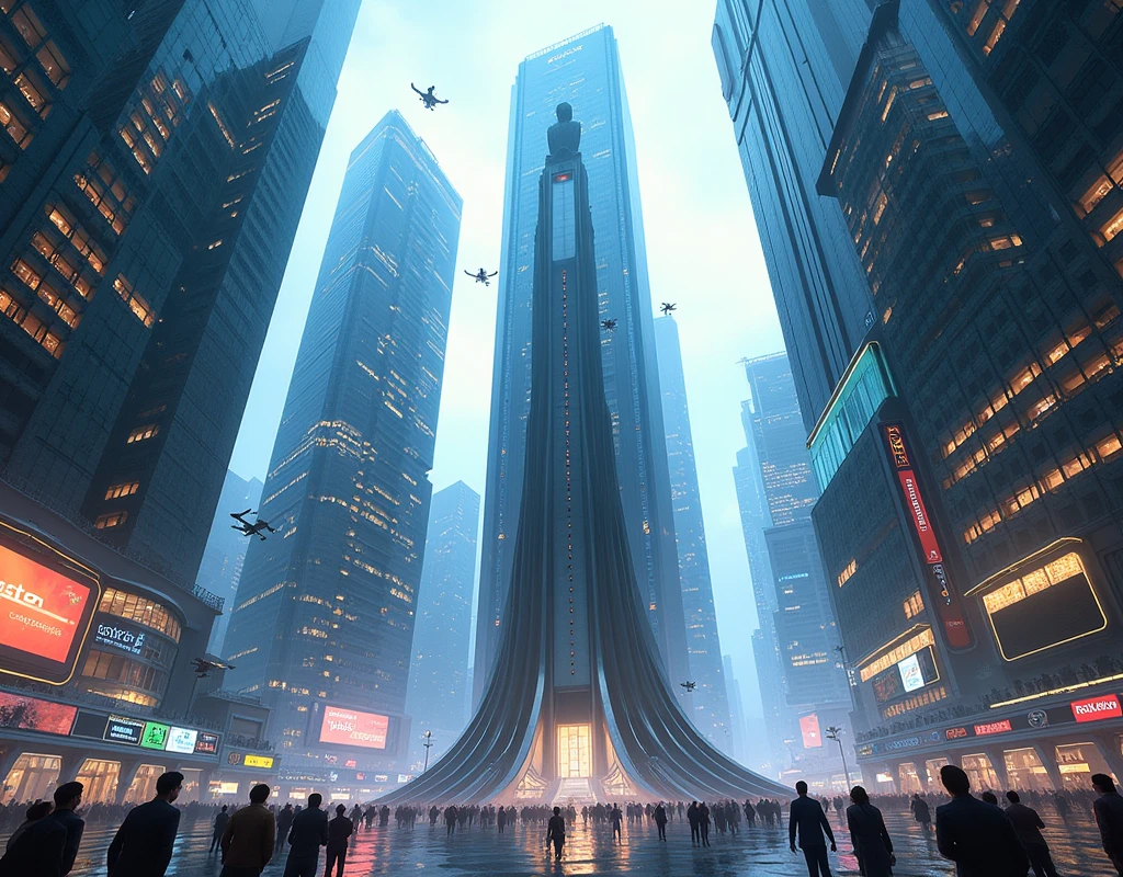 Create an illustration of a bustling modern futuristic city with a monument of President López Obrador in the center. big tall buildings in the cyber future