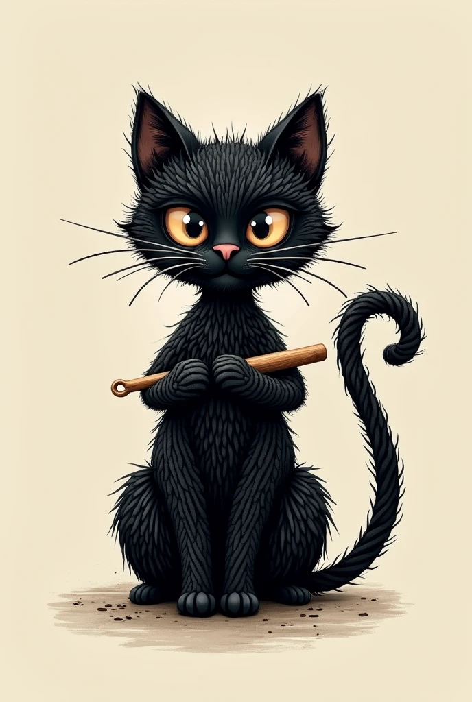 Black cat logo with thread texture holding a crochet hook with tail