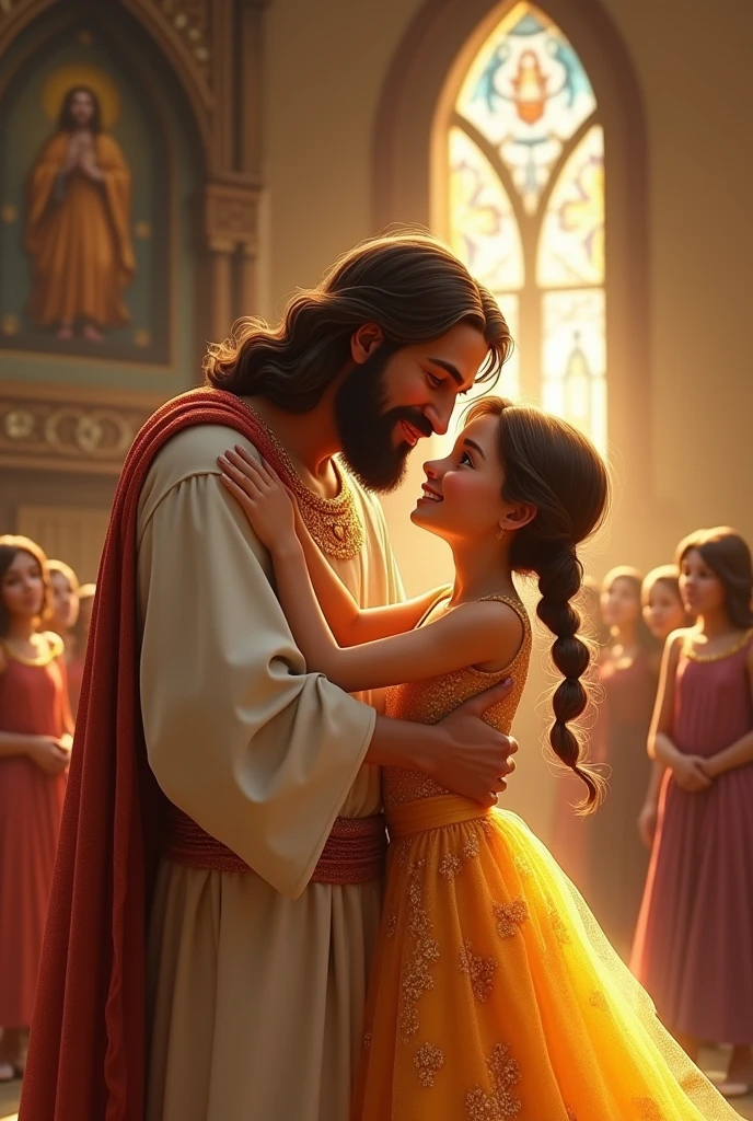 Jesus of Nazareth hugging a girl in a beautiful and shiny golden Christian dance dress happily showing their love to him inside a church animated version