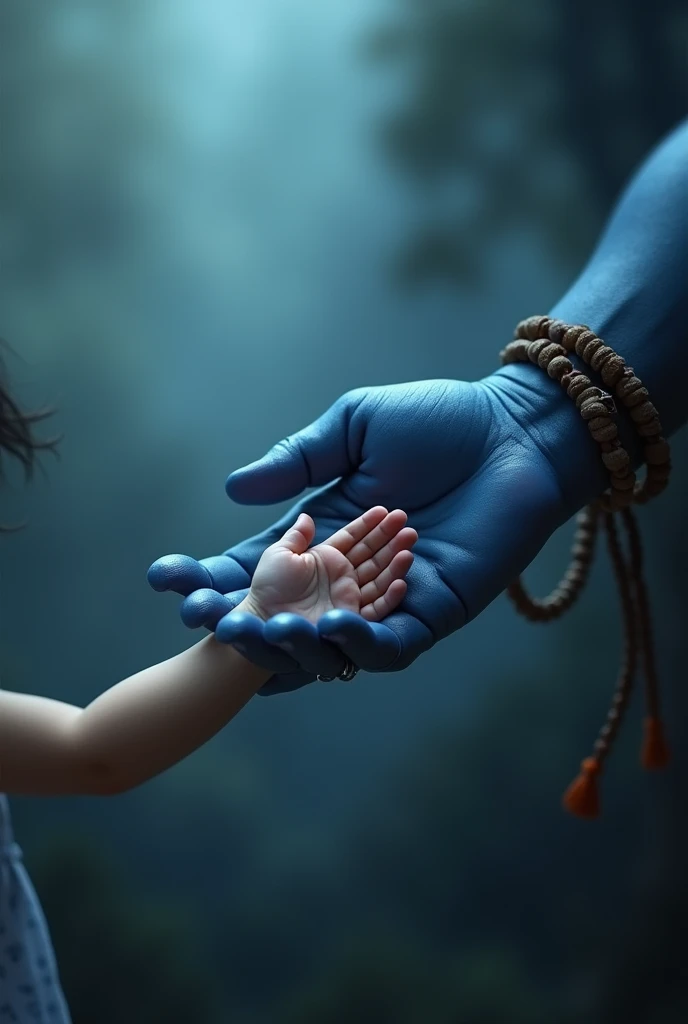 Photo of one hand of Shiva's blue hand having rudraksha maala around it holding a small ???'s hand with dark blur background