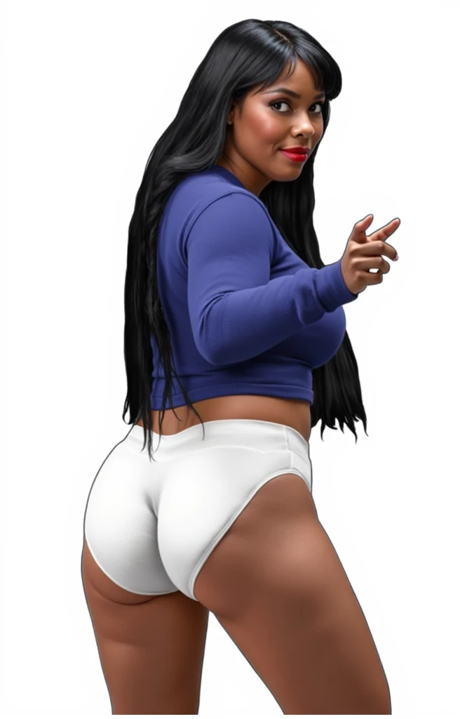 (masterpiece, best quality)), ((((perfect anatomy)))), Heavyset black woman with long black hair, dark eyeshadow, dark red lipstick, blue sweater, (((big white cotton panties))), big booty, smiling, (((photo realistic))), ((80's film, 80's movie scene, 80's TV Style))