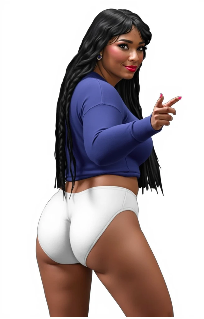 (masterpiece, best quality)), ((((perfect anatomy)))), Heavyset black woman with long black hair, dark eyeshadow, dark red lipstick, blue sweater, (((big white cotton panties))), big booty, smiling, (((photo realistic))), ((80's film, 80's movie scene, 80's TV Style))