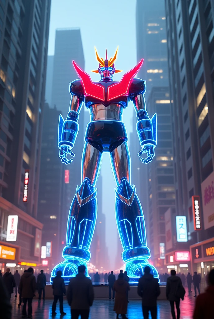 photorealistic image of a very realistic neon colored holographic statue of a Japanese giant robot GUNDAM, in the center of the city, image from above, (masterpiece: 1.4), (super high quality 8K), (very realistic)