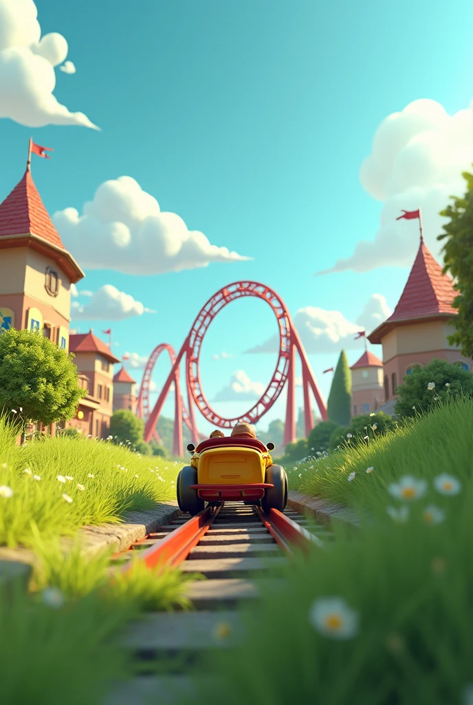 3d modeling poster, an oversized roller coaster rushing out of the scene, super perspective, empty seats on the car, through the grass, cartoon buildings in the background, light blue sky, white clouds, c4d, oc renderer, high definition