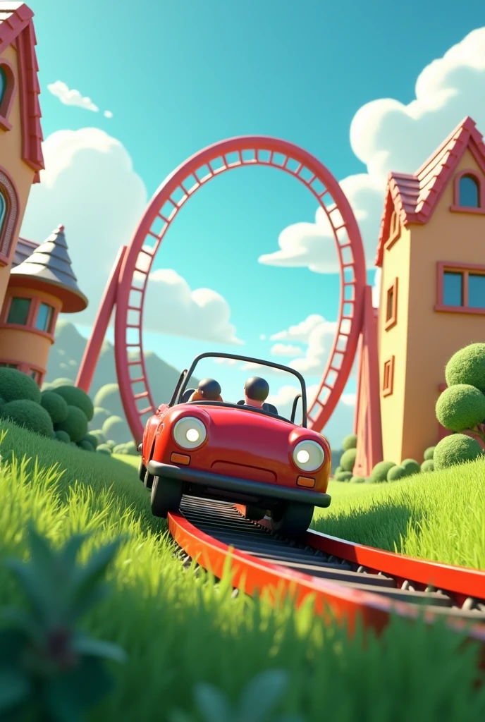 3d modeling poster, an oversized roller coaster rushing out of the scene, super perspective, empty seats on the car, through the grass, cartoon buildings in the background, light blue sky, white clouds, c4d, oc renderer, high definition