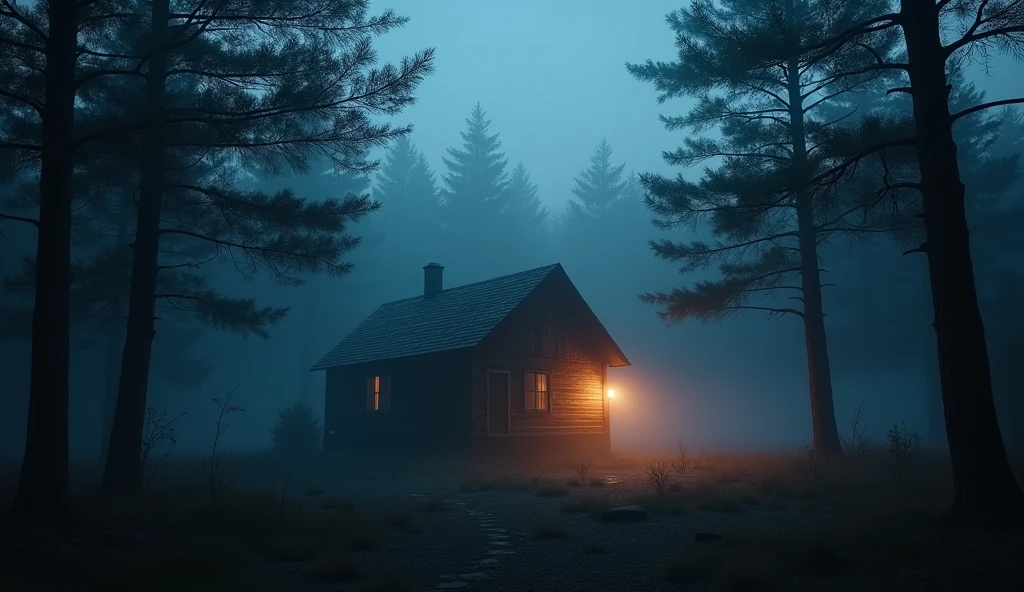 cinematic shot, cabin in the woods, heavy atmosphere , night, volumetric fog, Horror Movie Lighting  