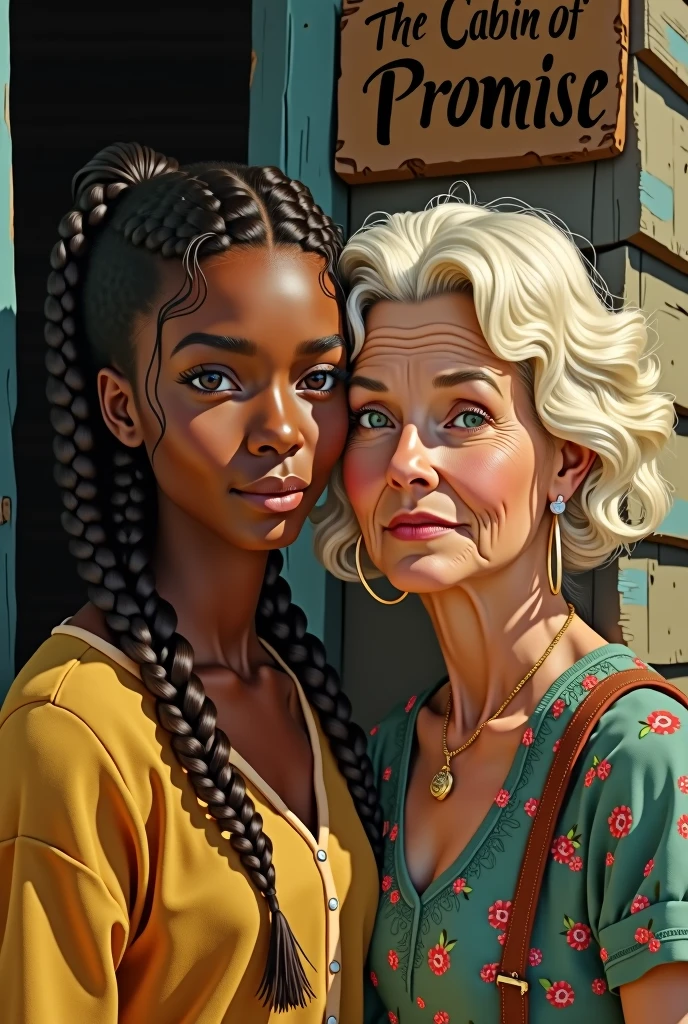 a black woman, of brown braids, eyes browns, next to an old lady with blond hair and green eyes, the black woman has a look of surprise, They are behind a cabin called the cabin of promise
