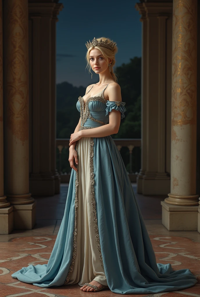 Front view, Full-body, standing pose, on floor, French  Palace, 12 century, looking at viewer, French White girl, French queen, 30 age-old, (blond  hair, hair bun, little lip, little smile ), (tiara with jewel, earring), (middle breasts, slender whist, middle hip), slender body,(ancient old fashion, courtly romance, blue color),ancient shoes,  night (masterpiece, Highest quality, masterpiece, God-like quality, Godly art, Very realistic),