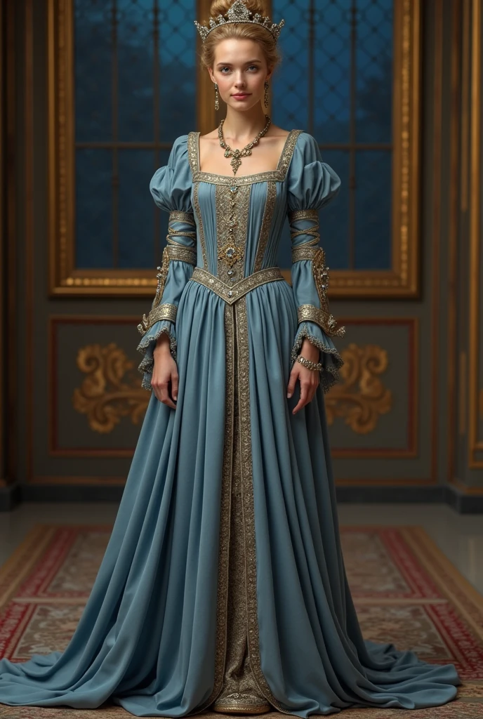 Front view, Full-body, standing pose, on floor, French Palace, 12 century, looking at viewer, French White girl, French queen, 30 age-old, (blond hair, hair bun, little lip, little smile ), (tiara with jewel, earring), (middle breasts, slender whist, middle hip), slender body,(ancient old fashion, courtly romance, blue color),ancient shoes, night (masterpiece, Highest quality, masterpiece, God-like quality, Godly art, Very realistic),