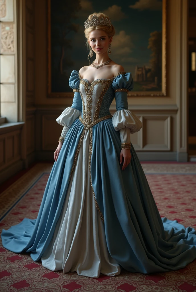 Front view, Full-body, standing pose, on floor, French Palace, 12 century, looking at viewer, French White girl, French queen, 30 age-old, (blond hair, hair bun, little lip, little smile ), (tiara with jewel, earring), (middle breasts, slender whist, middle hip), slender body,(ancient old fashion, courtly romance, blue color),ancient shoes, night (masterpiece, Highest quality, masterpiece, God-like quality, Godly art, Very realistic),