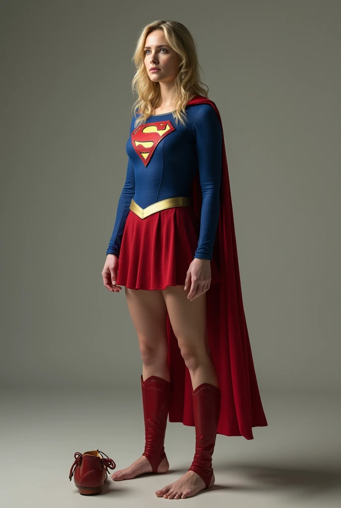 Sydney Sweeney in the Supergirl costume standing, barefoot looking with a worried face, His boots at his side lying on the ground 
