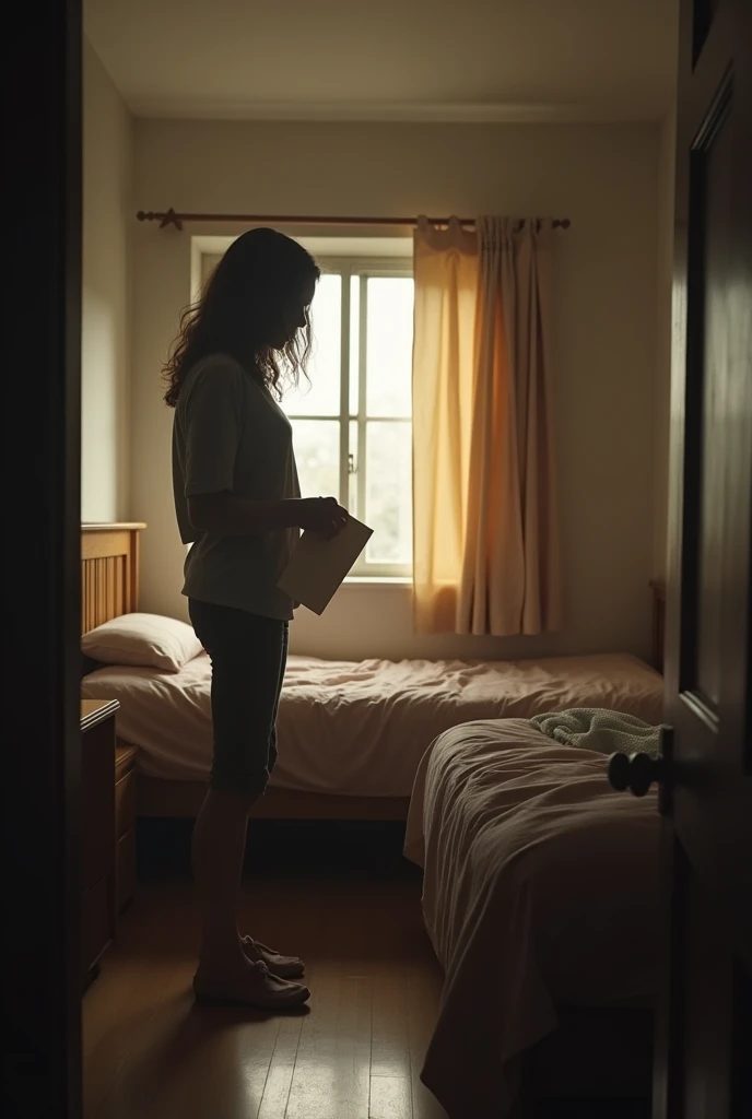 Create a realistic image. A quiet dormitory room at dawn, bathed in the soft light of early morning. The bed is neatly made, but the room feels eerily empty. A young woman stands alone, holding a note with a look of shock and confusion on her face. The note is written in a familiar handwriting, and the room, though peaceful, carries a lingering sense of dread and unresolved mystery."