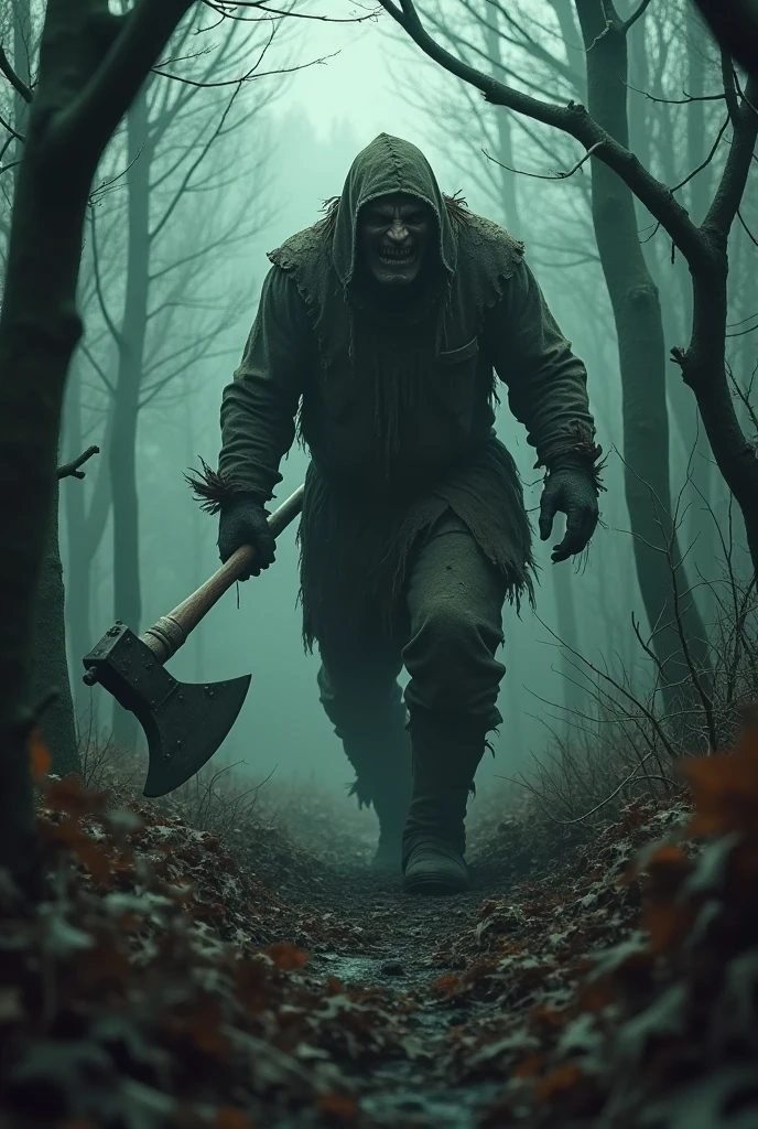 make a haunted forest, extremly scary,dark and somber tones, a mysterious lumberjack is chasing people in the forest, he is trying to kill them with his axe, extremely detaild, photoshot_\( ultra\), photoshotrealisitic, realisitic, Post-processing, Maximum details, roughness, real-life, ultrarealisitic, photoshotrealism, photoshotgraphy, 8k hd, photoshotgraphy
