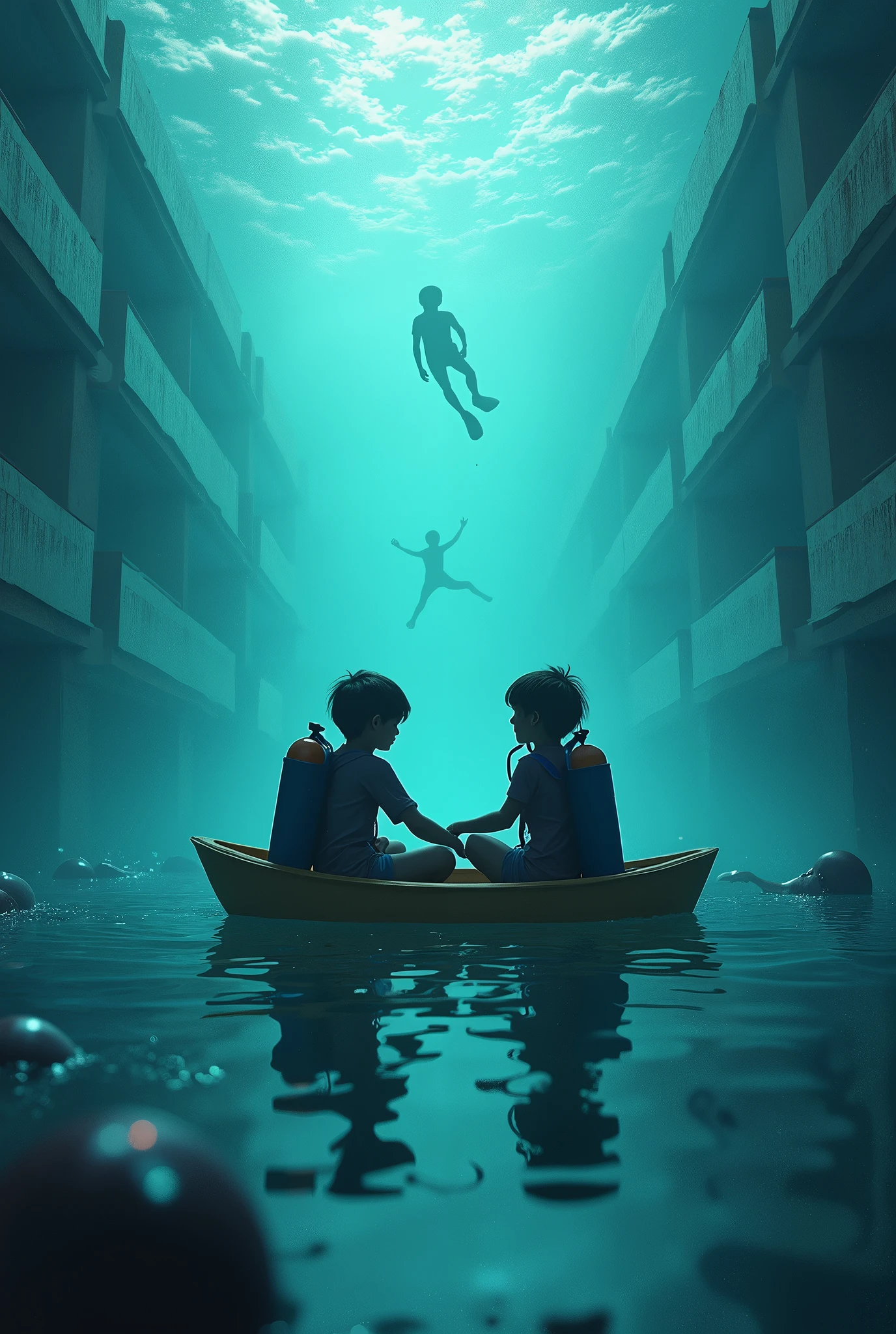 Two brothers (Boys children), inside a rowing boat, sailing through a sea formed by lights inside the apartment where they live. Children have diving equipment, SOM: diving masks, flippers, oxygen cylinders and air rifles. But now, The brothers, along with 37 of his classmates drowned in the ocean of light.