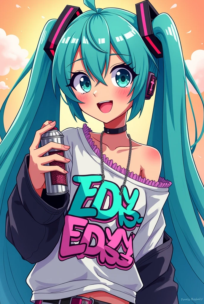 hatsune miku cartoon style, dressed in a loose top with a rapper style " Ed Edd y Eddie". holding a spray can and a non-elaborate cartoon style 