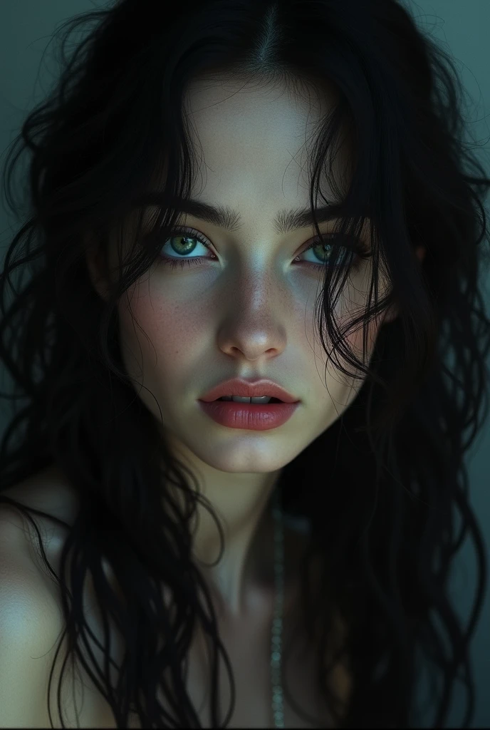 Caucasian female, with curly and loose black hair, striking black eyes, and with frightening beauty.