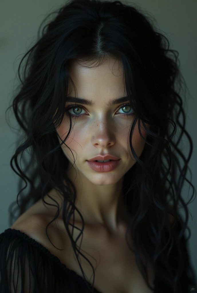 Caucasian female, with curly and loose black hair, striking black eyes, and with frightening beauty.