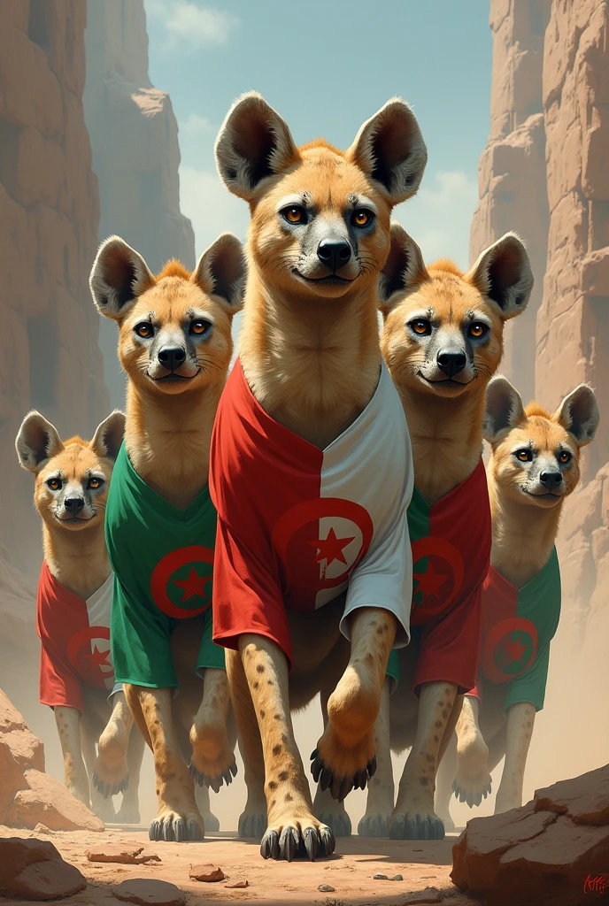 A group of hyenas whose each coat represents the Algerian flag 