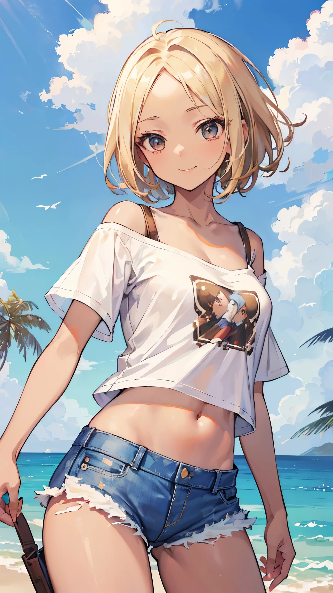 ((masterpiece、Highest quality、Very detailed))、One girl、((Brown skin:1.3))、Blonde、short hair、forehead、Grey Eyes、evil smile、Moderate breasts、((White T-shirt))、Off the shoulder、Shoulder、belly button、((denim short shorts))、Cowboy Shot、Seaside Background