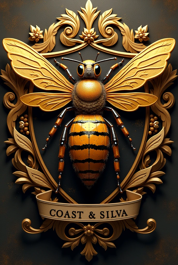 Create a 3d style image of a queen bee coat of arms  ,with a highlighted name on the coast & Silva 