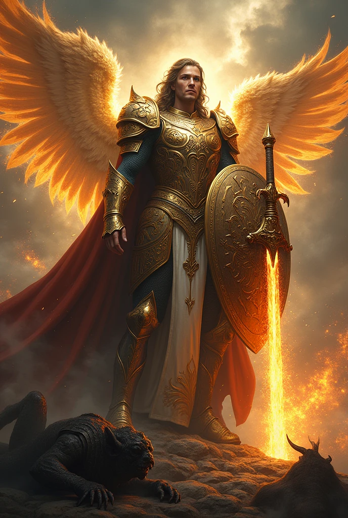A heavenly warrior, wears detailed, gleaming armor, with gold and silver ornaments, In your right hand, he holds a flaming sword towards the demon, pronta para o combate, while the left hand carries a shield decorated with the inscription "Who is like God??" (who is like GOD?). In the background a stormy and dramatic sky, On your feet, a defeated demon is shown fallen and subdued, symbolizing Saint Michael&#39;s victory over the forces of darkness. The image is rich in details, with celestial lighting that highlights her figure and creates a powerful contrast with the dark surroundings.