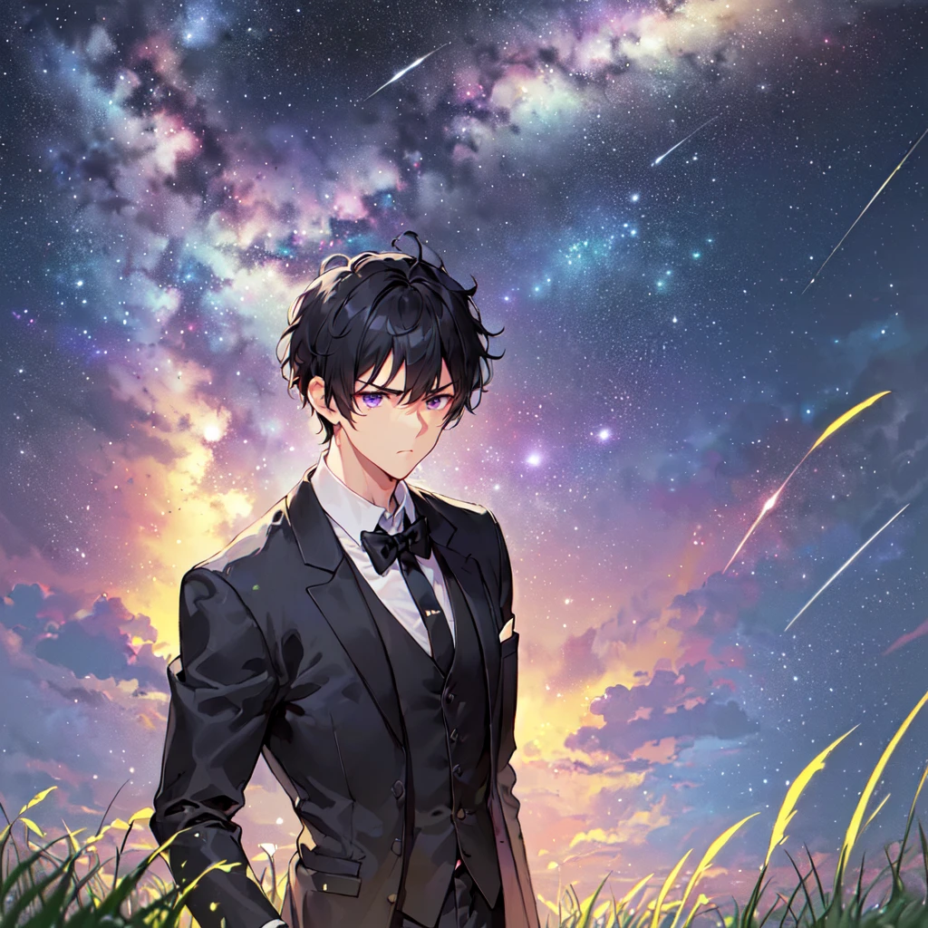 masterpiece,best quality,high quality,(1 male austere handsome solo adult age 30 years old:1.5), purple eyes, cool with suspended eyes, V-shaped eyebrows, body strong and fearless 8.5 head tall, height 185cm, (well-groomed black short hair:1.5), (bangs in three (black suit, black tie and black pants: 1.3), (standing: 1.3), (stylish pose), (cool sad expression: 1.3), (background grassland: 1.3) , (Milky Way Night Sky: 1.3) , (upper body:1.3)