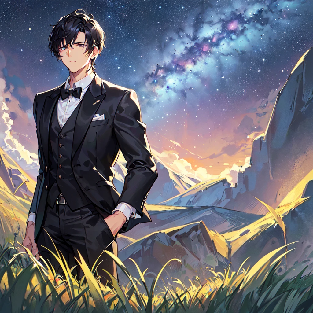 masterpiece,best quality,high quality,(1 male austere handsome solo adult age 30 years old:1.5), purple eyes, cool with suspended eyes, V-shaped eyebrows, body strong and fearless 8.5 head tall, height 185cm, (well-groomed black short hair:1.5), (bangs in three (black suit, black tie and black pants: 1.3), (standing: 1.3), (stylish pose), (cool sad expression: 1.3), (background grassland: 1.3) , (Milky Way Night Sky: 1.3) , (upper body:1.3)
