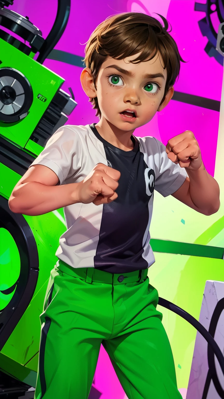 Movie poster, Ben 10 ((A child, 6 years))), ((wearing a white outfit with black stripe in the center, green pants, showing fist. Machine on arm. Action facial expression )) . highy detailed, face detailed, realisitic, cinematic lighting, studio quality, proffesional, face detailed, intrikate, bright coloured. ((abstract background)).