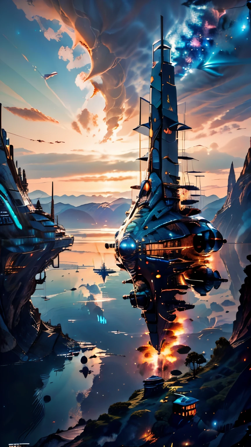 Super spaceship shaped like a ship hovering over a large lake, ultra detalhada, city in the distance, a nebula lighting up the sky, sci-fi, 