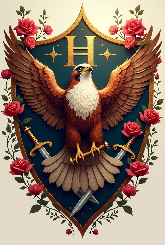 Create a shield for a school called Las Rosas, emphasize the letter H, add a falcon, also put swords on the sides of the shield and also put Gemini and Taurus