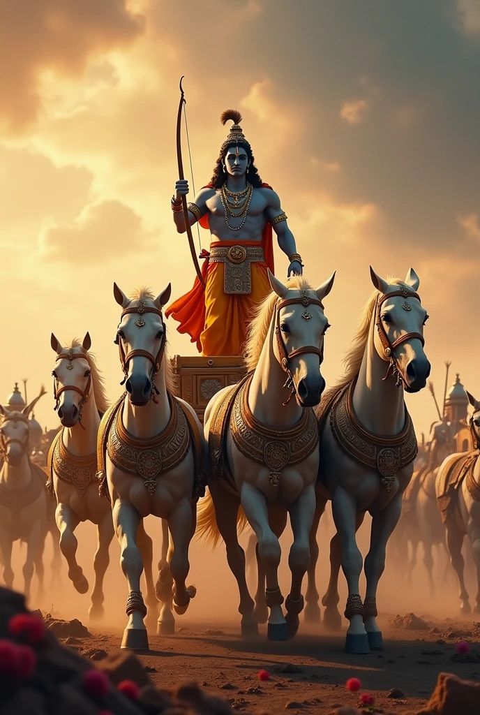 Lord sri krishna and arjuna standing on chariot of six horses in mahabarat war images