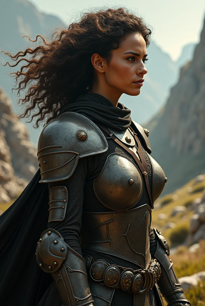 A medieval warrior woman with medium curly hair, brown girl sending kiss
