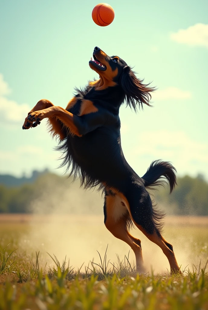 ￼un chien de race setter gordon qui saute trés haut pour attraper une balle