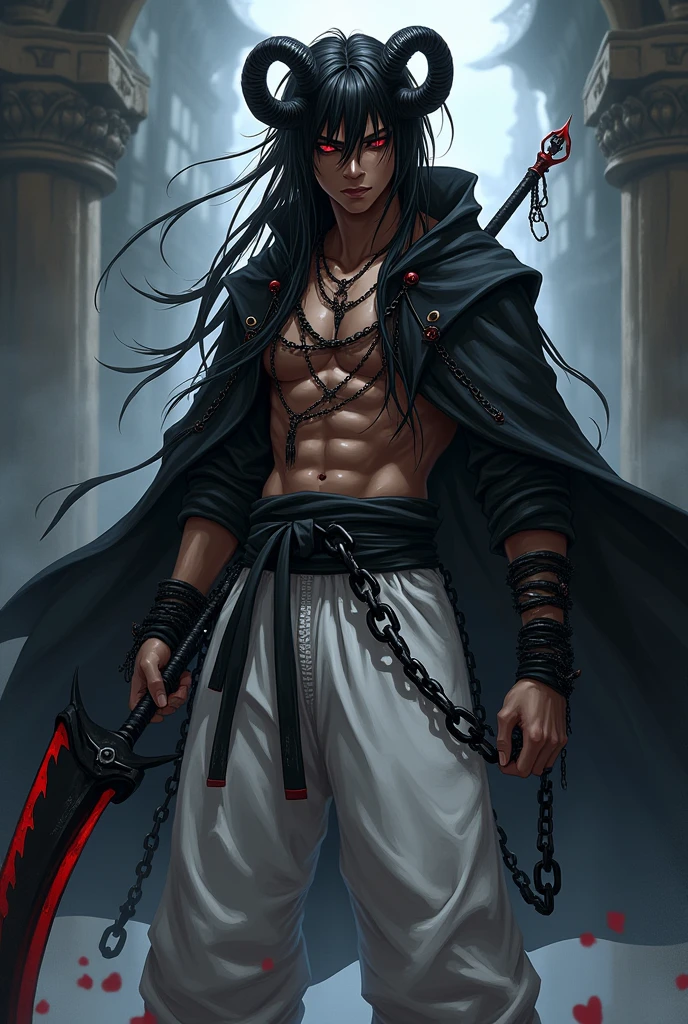 anime boy (dark fantasy) with black dreads, red eyes, brown skin, black horns and a black cloak and white martial arts pants with black chains around him as he holds a black scythe (full body)