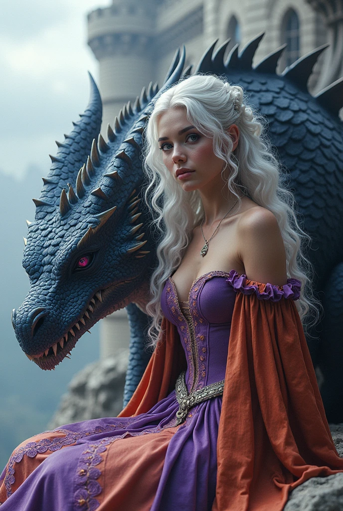 Woman in purple and orange medieval dress. Woman with silver-white wavy and curly hair and dark violet eyes, woman sitting next to her light blue dragon, huge and fierce dragon, Dragon with green eyes. Zoom in on the woman.
Gigantic and majestic castle in the background. Castle with white stones. blue Dragon. Dragon with blue scales